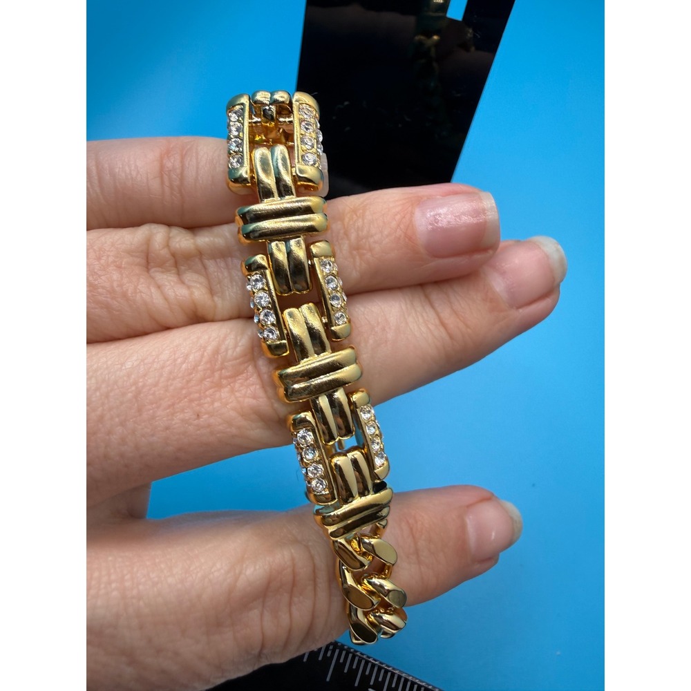 Gold Tone‎ Crystal Accent Link Bracelet Curb Chain Fold Over Clasp 7.5 Inch